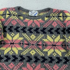 Vintage Design Sweater Womens Medium Gray Multi Fair‎ Isle Crewneck Made USA 90s